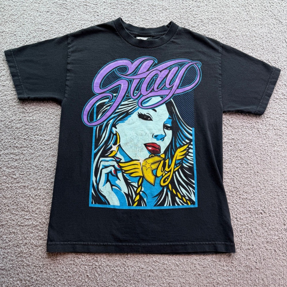 Famous Stars and Straps Stay Fly Graphic T-Shirt Black Men Medium Y2K Streetwear
